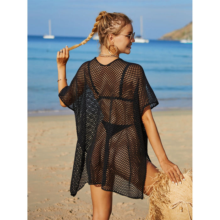 Openwork Flower V-Neck Short Sleeve Cover Up