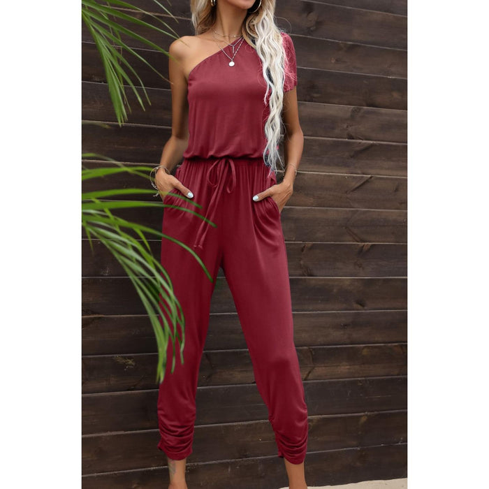 Drawstring Waist One-Shoulder Jumpsuit with Pockets