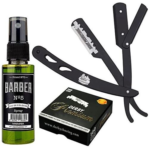 Barbersets - The Shave Factory Straight Edge Razor Kit (Black/Barber No5 Cologne 50Ml / 100 Derby Premium Single Edge Razor Blades)