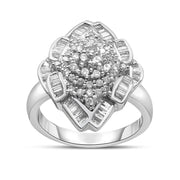 Bids.com 14K White Gold 7/8 Cttw Round and Baguette-Cut Diamond Cluster Ring (H-I Color, SI2-I1 Clarity) - Size 7 Rings