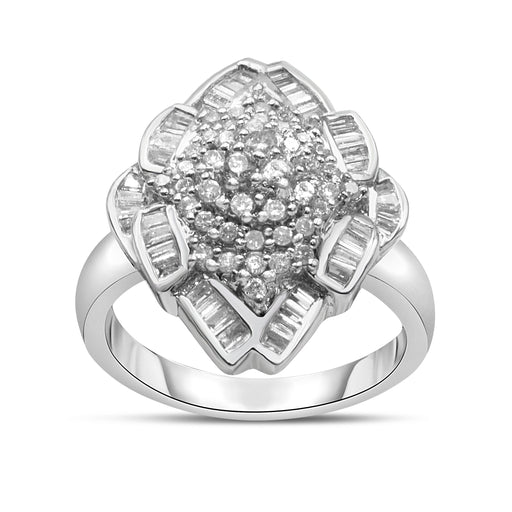 Bids.com 14K White Gold 7/8 Cttw Round and Baguette-Cut Diamond Cluster Ring (H-I Color, SI2-I1 Clarity) - Size 7 Rings