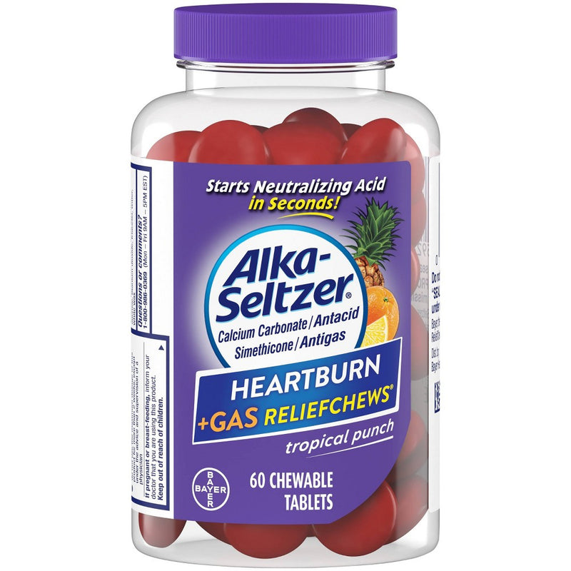 Alka-Seltzer Alka-Seltzer Heartburn Relief + Gas Relief, Extra Strength Antacid, Tropical Fruit, 60 Chewable Tablets Medicine & Drugs
