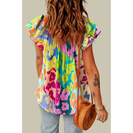 Ruffled Printed Tie Neck Cap Sleeve Blouse