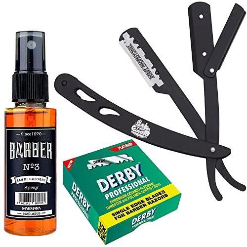 Barbersets - The Shave Factory Straight Edge Razor Kit (Black/Barber No3 Cologne 50Ml / 100 Derby Professional Single Edge Razor Blades)