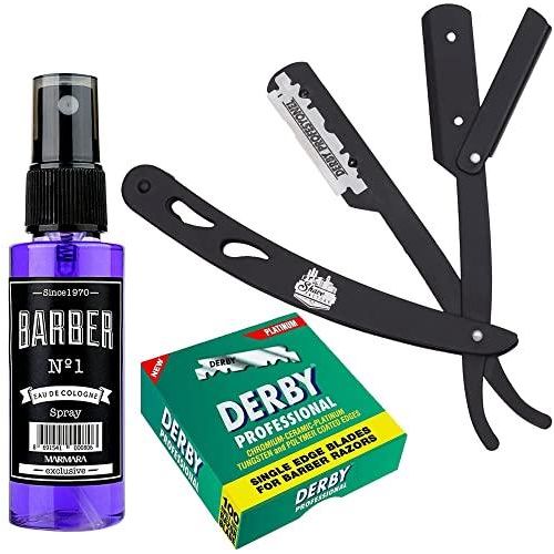 The Shave Factory Straight Edge Razor Kit (Black/Barber No1 Cologne 50Ml / 100 Derby Professional Single Edge Razor Blades)