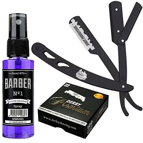 The Shave Factory Straight Edge Razor Kit (Black/Barber No1 Cologne 50Ml / 100 Derby Premium Single Edge Razor Blades)