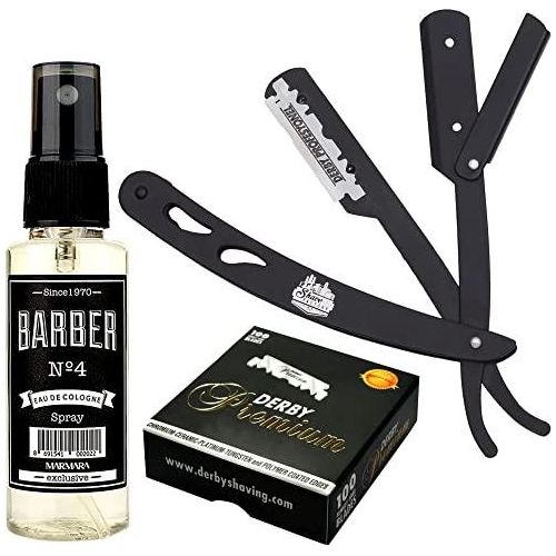 Barbersets - The Shave Factory Straight Edge Razor Kit (Black/Barber No4 Cologne 50Ml / 100 Derby Premium Single Edge Razor Blades)