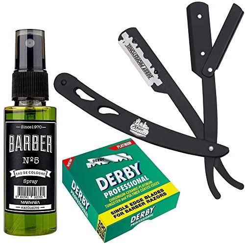 Barbersets - The Shave Factory Straight Edge Razor Kit (Black/Barber No5 Cologne 50Ml / 100 Derby Professional Single Edge Razor Blades)