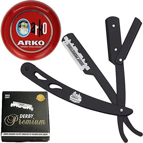 The Shave Factory Straight Edge Razor Kit (Black/Arko Shaving Soap / 100 Derby Premium Single Edge Razor Blades)