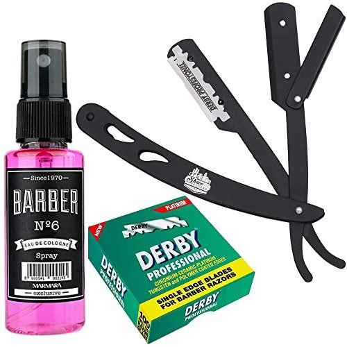 Barbersets - The Shave Factory Straight Edge Razor Kit (Black/Barber No6 Cologne 50Ml / 100 Derby Professional Single Edge Razor Blades)