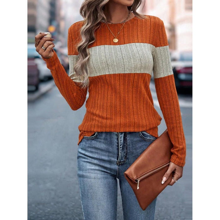 Color Block Round Neck Long Sleeve Top