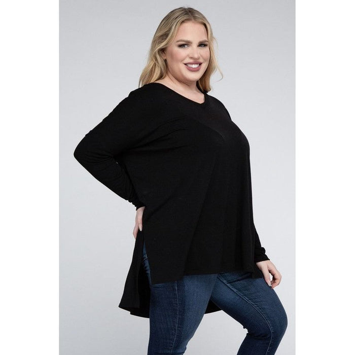 Plus Dolman Sleeve V-Neck Side Slit Hi-Low Hem Top