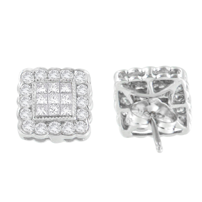 Bids.com 14K White Gold 1.0 Cttw Round Brilliant & Princess Cut Diamond Scallop-Edge Framed Square Halo Stud Earrings (G-H Color, SI1-SI2 Clarity) Earrings