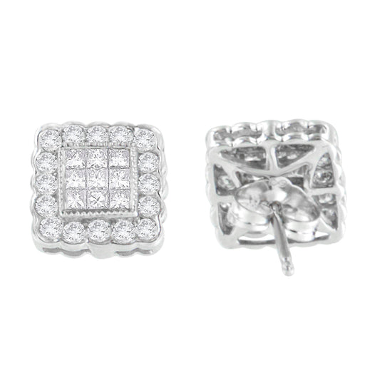 Bids.com 14K White Gold 1.0 Cttw Round Brilliant & Princess Cut Diamond Scallop-Edge Framed Square Halo Stud Earrings (G-H Color, SI1-SI2 Clarity) Earrings