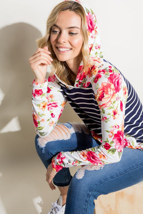 STRIPE FLORAL MIX HOODIE TOP