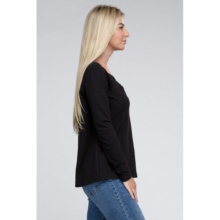 Melange Baby Waffle V-Neck Long Sleeve Top