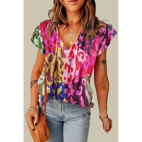 Ruffled Printed Tie Neck Cap Sleeve Blouse