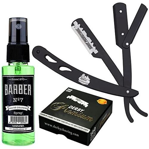 Barbersets - The Shave Factory Straight Edge Razor Kit (Black/Barber No7 Cologne 50Ml / 100 Derby Premium Single Edge Razor Blades)