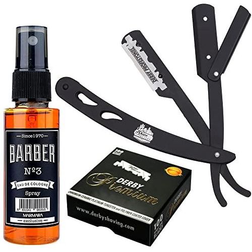 Barbersets - The Shave Factory Straight Edge Razor Kit (Black/Barber No3 Cologne 50Ml / 100 Derby Premium Single Edge Razor Blades)