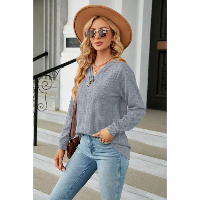 Decorative Button V-Neck Long Sleeve T-Shirt