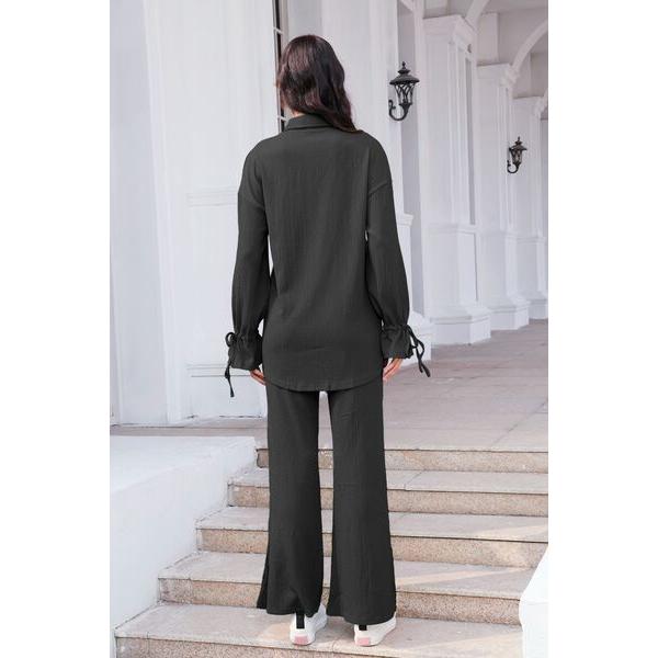 Drawstring Flounce Sleeve Shirt and Pants Set