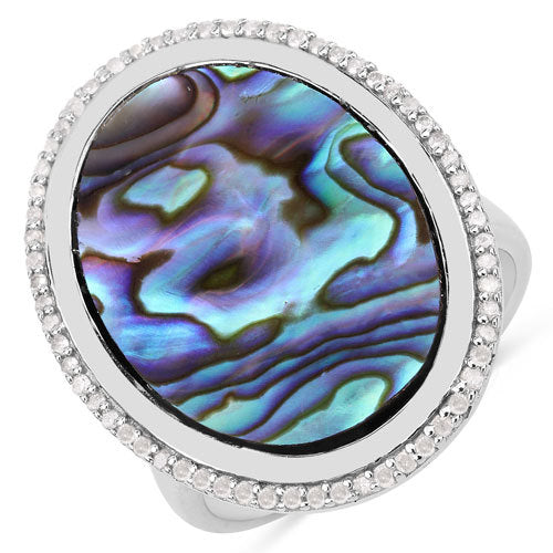 Bids.com 13.64 Carat Genuine Abalone and White Diamond .925 Sterling Silver Ring Rings