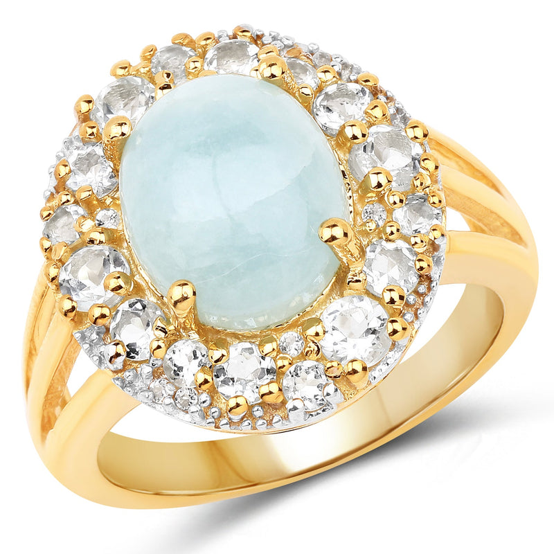 Bids.com 14K Yellow Gold Plated 6.72 Carat Genuine Aquamarine and White Topaz .925 Sterling Silver Ring Rings