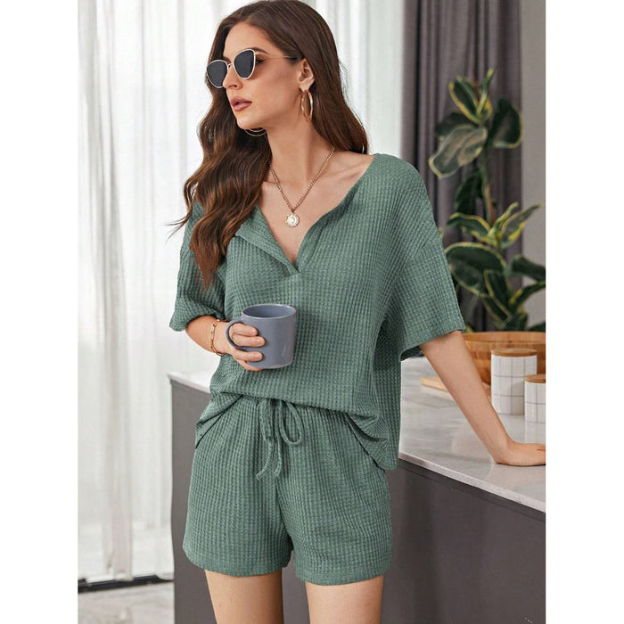 Waffle-Knit Dropped Shoulder Top and Shorts Set