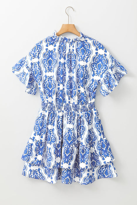 Printed Tie Neck Short Sleeve Mini Dress