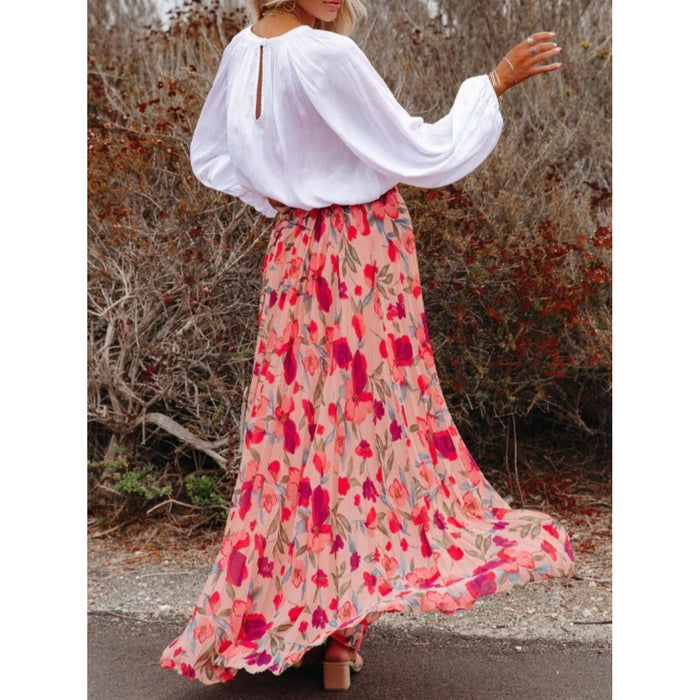 Printed Elastic Waist Pleated Maxi Skirt