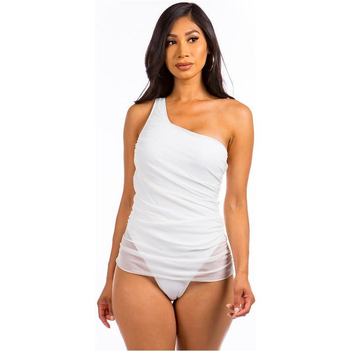 One Piece Single Shoulder Solid Swimsuit With Mesh