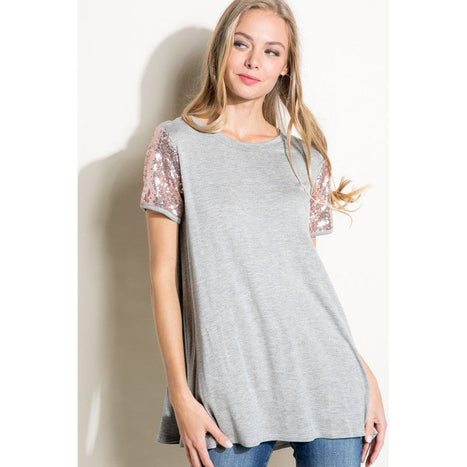 SOLID JERSEY SEQUINCE SLEEVE TOP