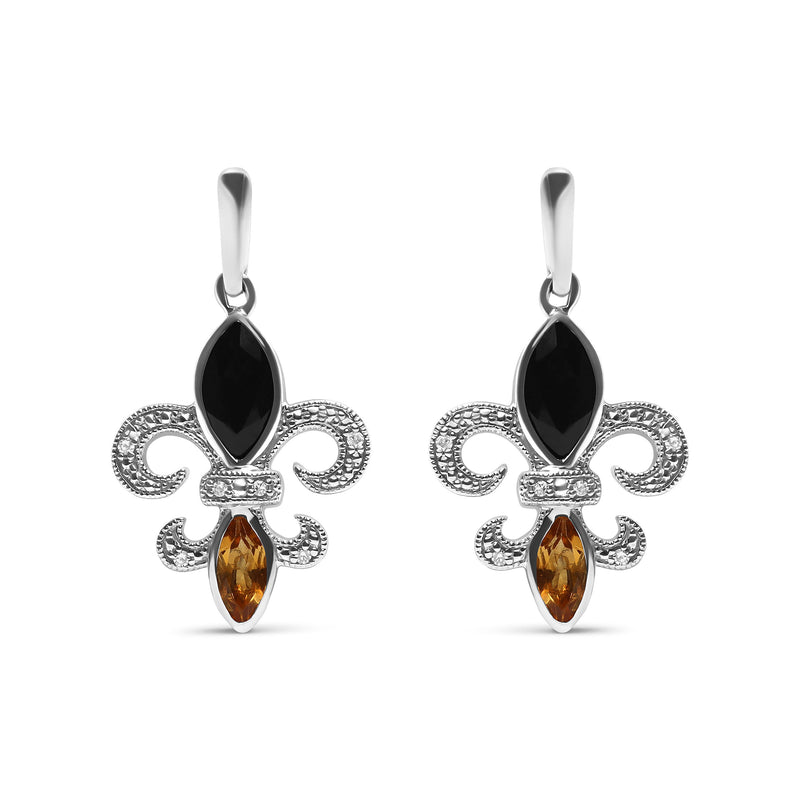 Bids.com .925 Sterling Silver Marquise Cut Onyx and Citrine with Diamond Accent Fleur De Lis Drop Stud Earrings (H-I Color, SI1-SI2 Clarity) Earrings