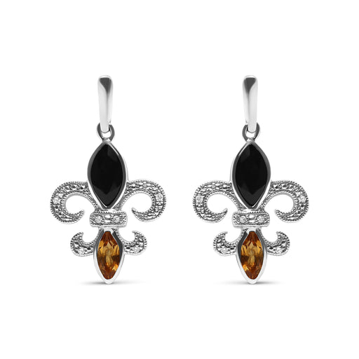 Bids.com .925 Sterling Silver Marquise Cut Onyx and Citrine with Diamond Accent Fleur De Lis Drop Stud Earrings (H-I Color, SI1-SI2 Clarity) Earrings