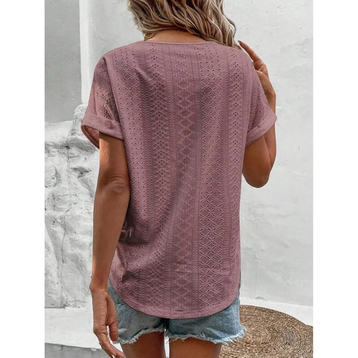 Eyelet V-Neck Short Sleeve Blouse