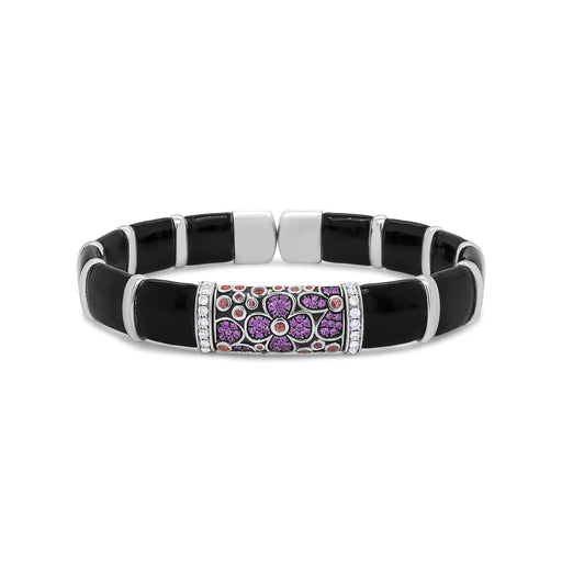 Bids.com .925 Sterling Silver Black and Brown Enamel 1/3 Cttw Round Diamonds and Pink and Orange Sapphire Gemstones Floral Statement Bangle Bracelet (F-G Color, VS1-VS2 Clarity) - Size 7.75" Bracelets