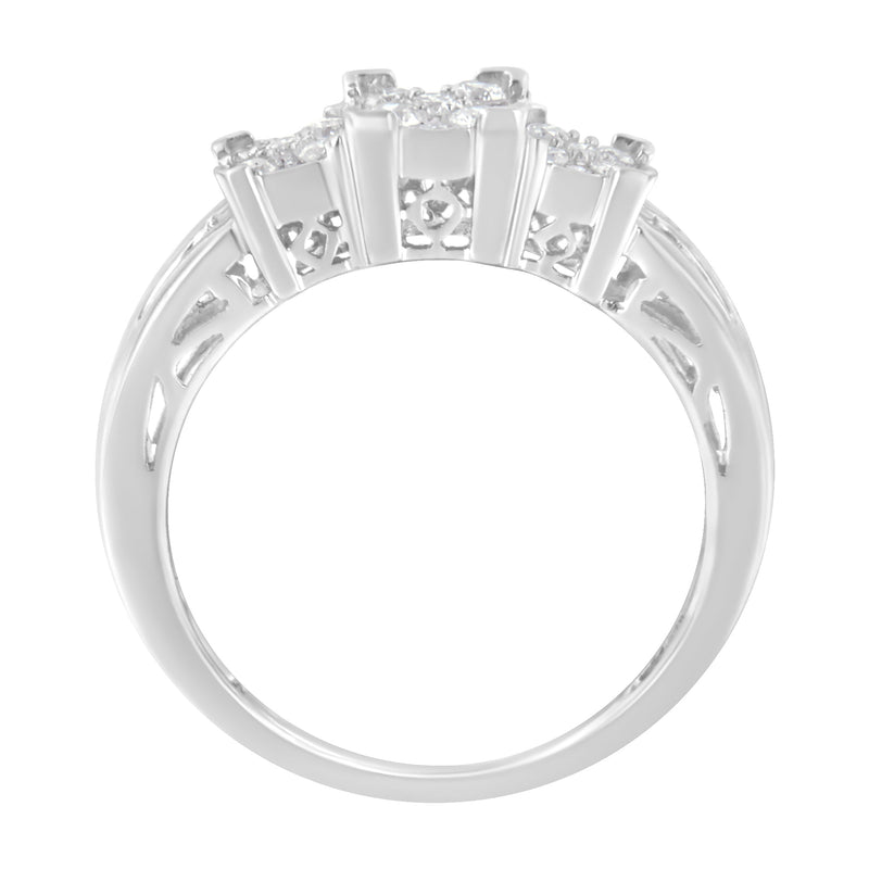 Bids.com 10K White Gold 1/2 Cttw Brilliant & Baguette Cut Diamond 3 Stone Design with 3 Square Clusters Engagement Ring (H-I Color, SI2-I1 Clarity) - Size 6-3/4 Rings
