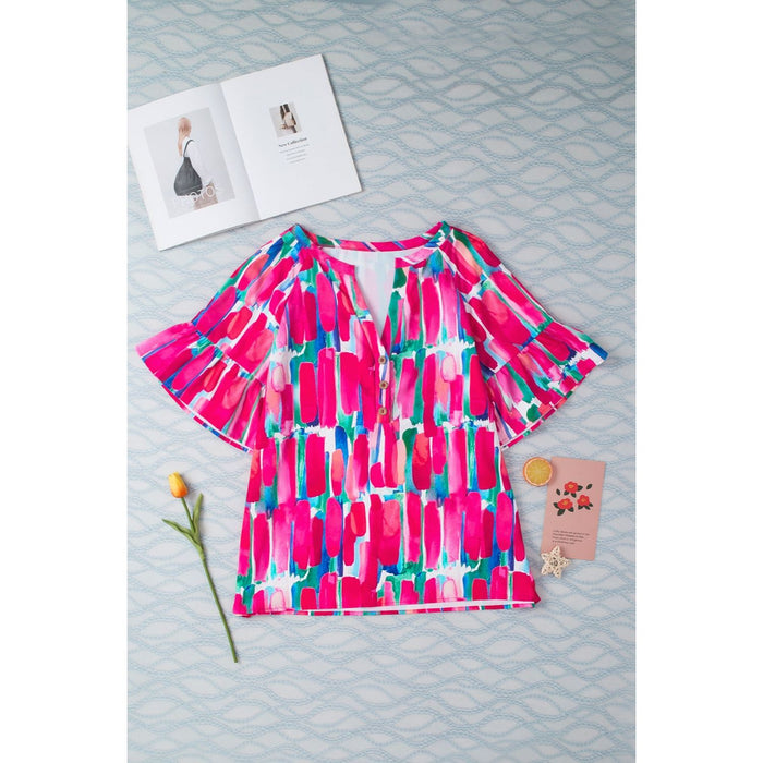 Printed Notched Half Sleeve Blouse