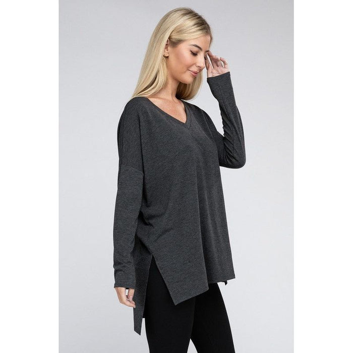 Dolman Long Sleeve V-Neck Side Slit Hi-Low Hem Top