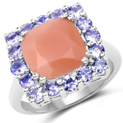 Bids.com 6.70 Carat Genuine Peach Moonstone and Tanzanite .925 Sterling Silver Ring Rings