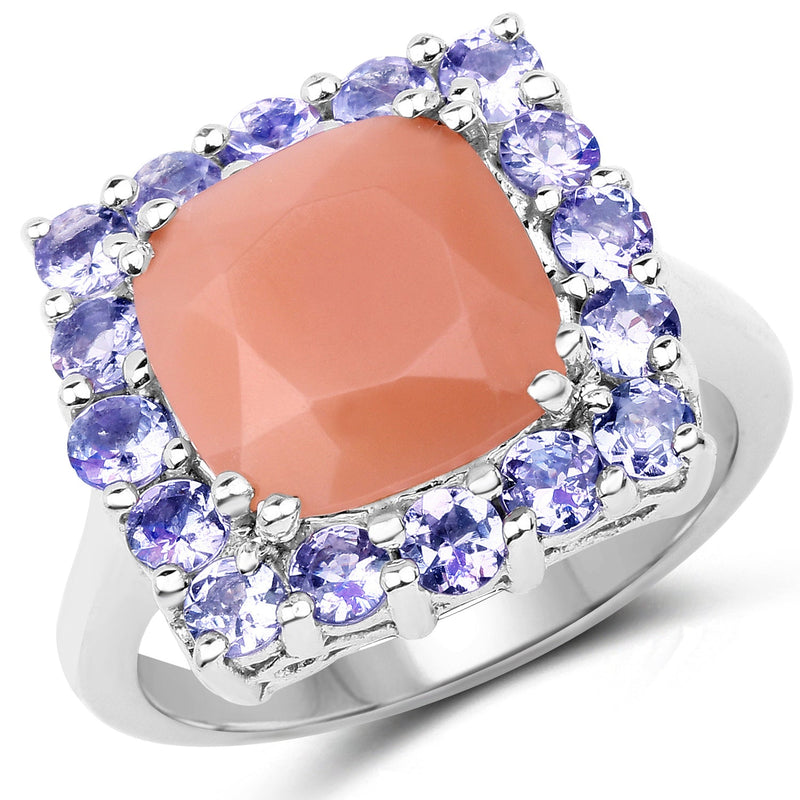 Bids.com 6.70 Carat Genuine Peach Moonstone and Tanzanite .925 Sterling Silver Ring Rings