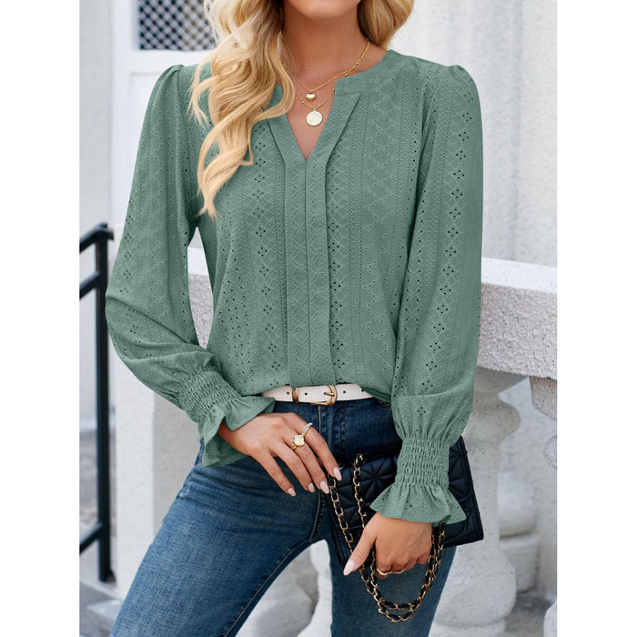 Eyelet Notched Flounce Sleeve Blouse