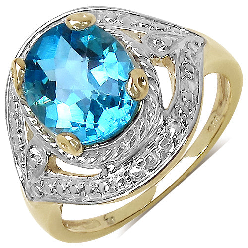 Bids.com 14K Yellow Gold Plated 3.25 Carat Genuine Swiss Blue Topaz .925 Sterling Silver Ring Rings