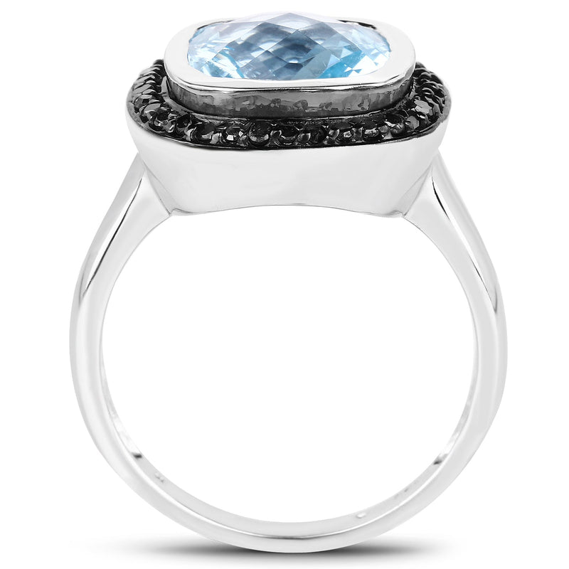 Bids.com 5.23 Carat Genuine Baby Swiss Blue Topaz and Black Diamond .925 Sterling Silver Ring Rings