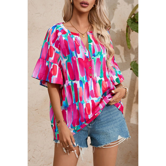 Printed Notched Half Sleeve Blouse