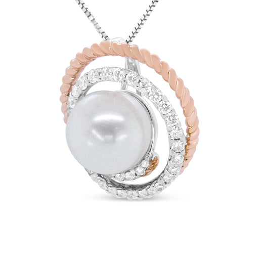 Bids.com 14K Rose and White Gold 3/8 Cttw Pave Diamond and 9mm Round Pearl Spiral Openwork 18" Pendant Necklace- (H-I Color, VS1-VS2 Clarity) Necklaces