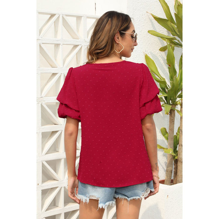 Swiss Dot V-Neck Short Sleeve Blouse