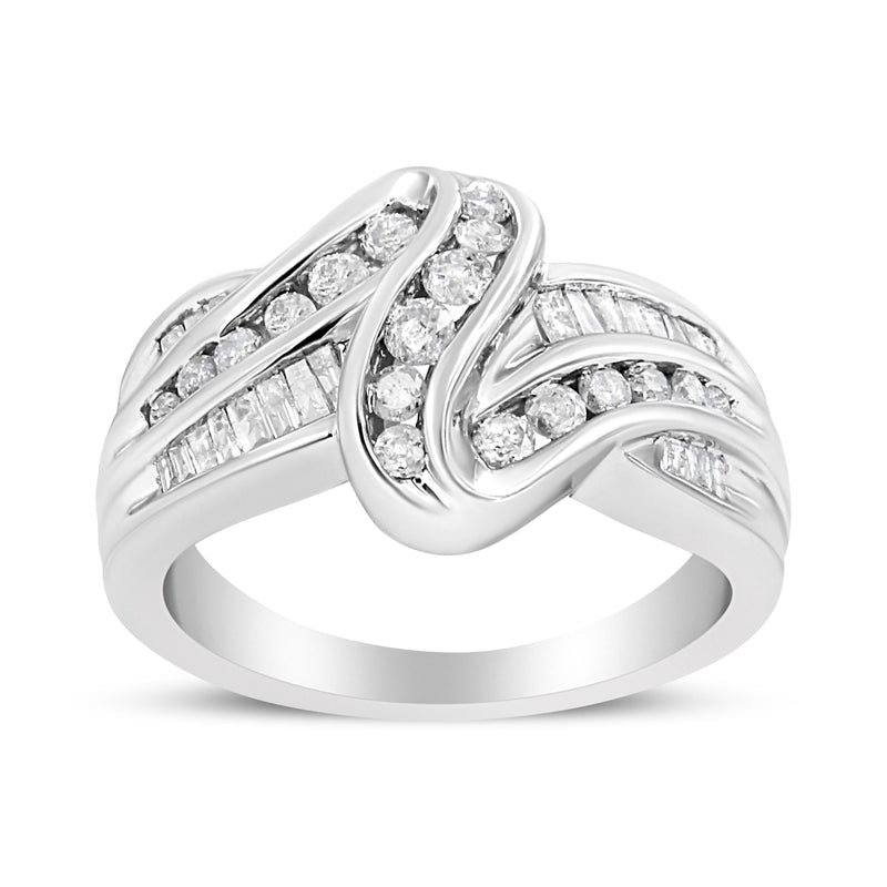 Bids.com 10K White Gold Ring 3/4 Cttw Round and Baguette-Cut Diamond Bypass Ring (H-I Color, I2-I3 Clarity) - Size 6 Rings