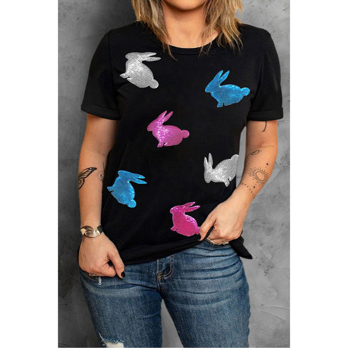 Plus Size Rabbit Round Neck Short Sleeve T-Shirt