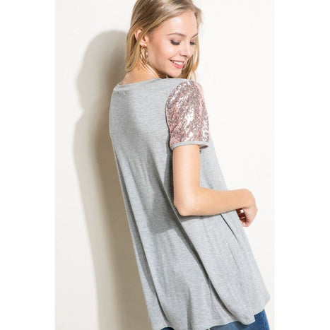 SOLID JERSEY SEQUINCE SLEEVE TOP